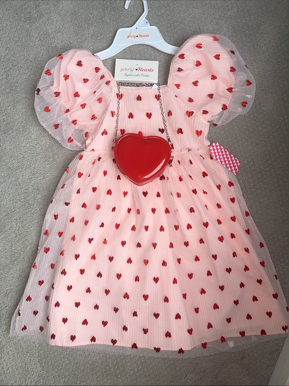 New! Young Hearts Pink Tulle Heart Print Dress w/ Red Heart Purse Valentines